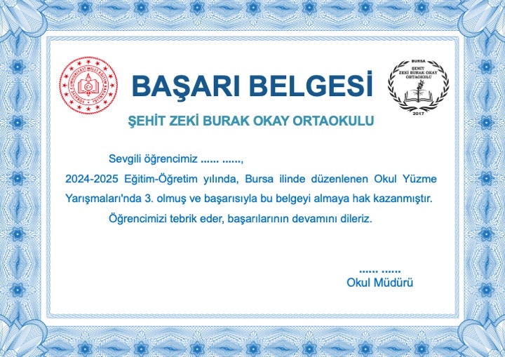 Okul yüzme yarışması başarı belgesi önizlemesi