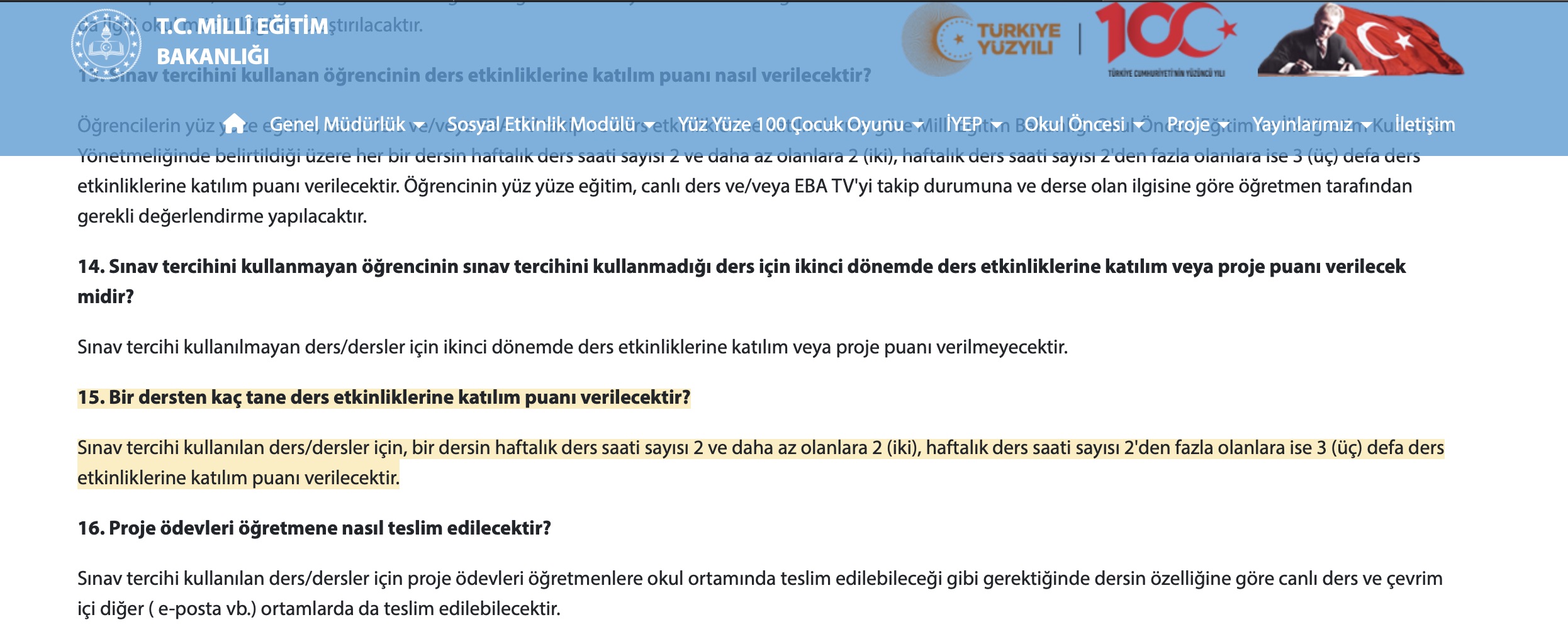 Ders Etkinliklerine Katılım Puanı Tablosu
